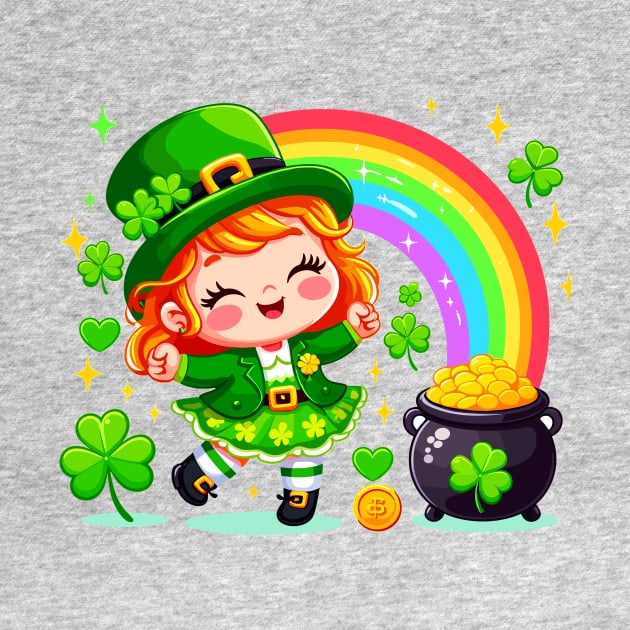 A cute Irish Lassie dancing an Irish jig celebrates St Patrick's Day with a rainbow pot of gold and shamrocks Irish Pride Irish American four leaf clovers Irish dance by Tees 4 Thee